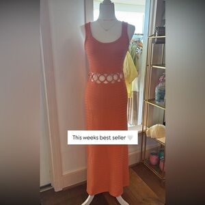 Crocheted Orange Maxi Dress with Ring Waist Detail